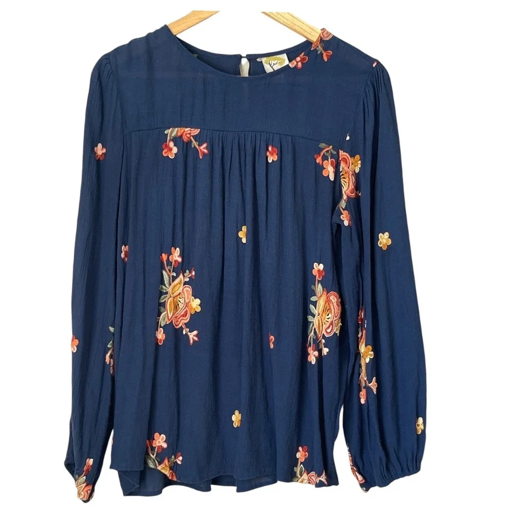 Fig and Flower Women Blue Embroidered Floral Peasant Blouse XL Long Sleeve Boho - Picture 2 of 16